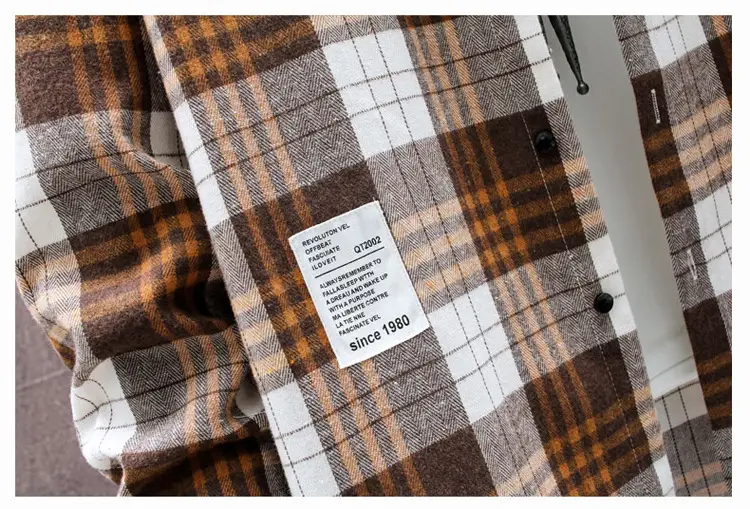 Korean Plaid Long Sleeve Men's Shirt Brown White — feature 15
