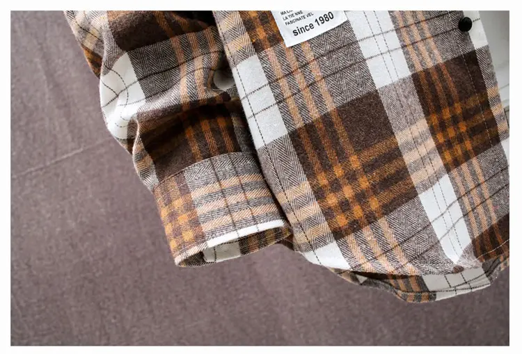 Korean Plaid Long Sleeve Men's Shirt Brown White — feature 16