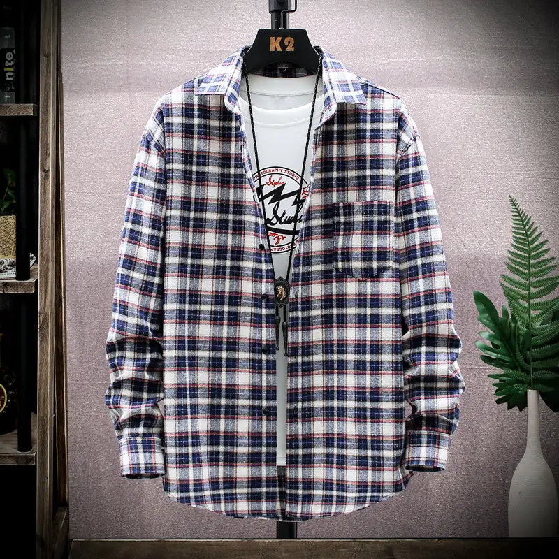 Men Plaid Long Sleeve Shirt Korean Style Loose Casual - Image 5