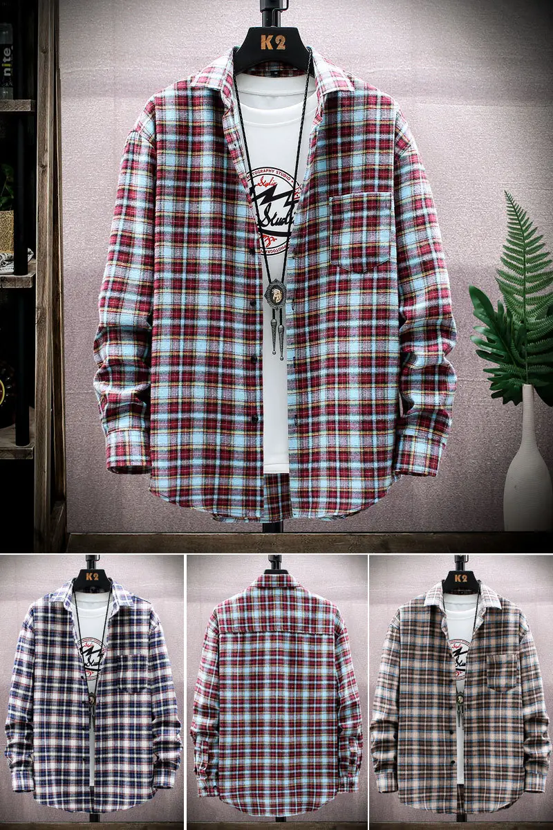 Men Plaid Long Sleeve Shirt Korean Style Loose Casual - Image 9