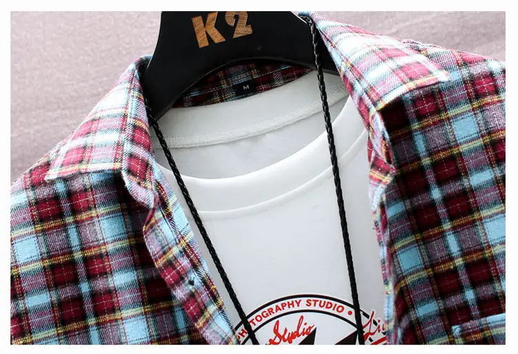 Men Plaid Long Sleeve Shirt Korean Style Loose Casual — feature 16