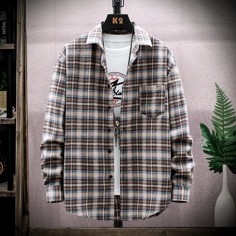 Men Plaid Long Sleeve Shirt Korean Style Loose Casual - Image 3
