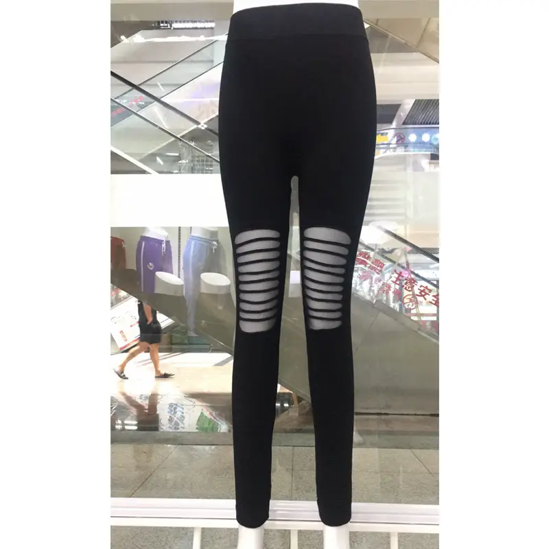 2025 Mesh Ripped Slim Fit Leggings Women Black - Image 3