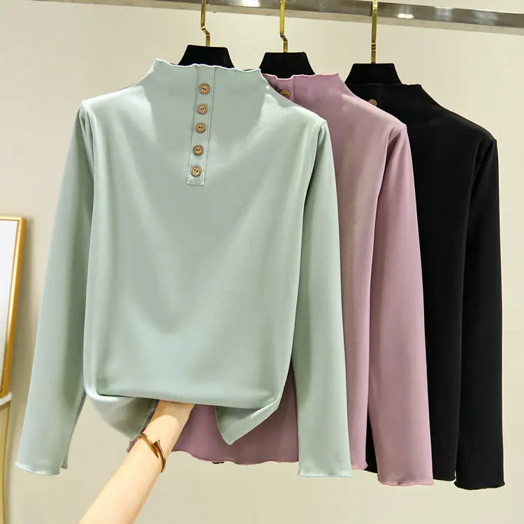 Women Velvet 5-Button Semi-High Collar Shirt - Image 9