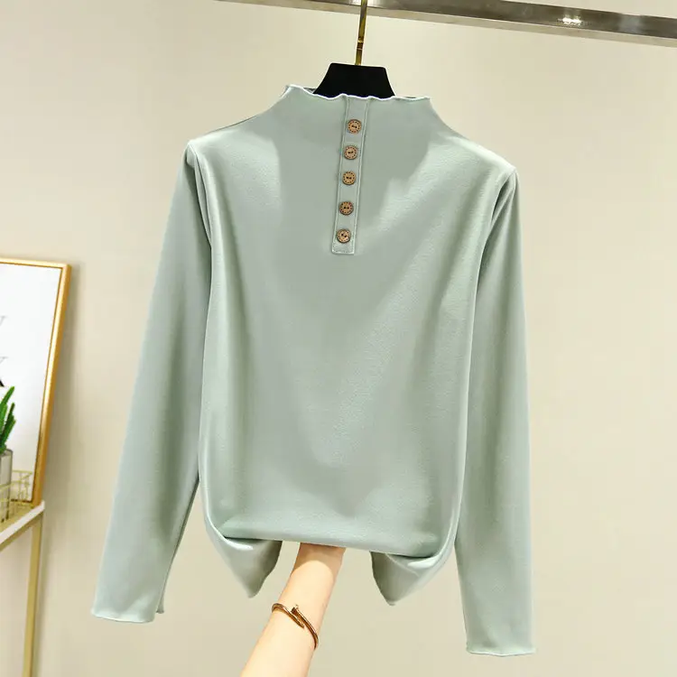 Women Velvet 5-Button Semi-High Collar Shirt - Image 4