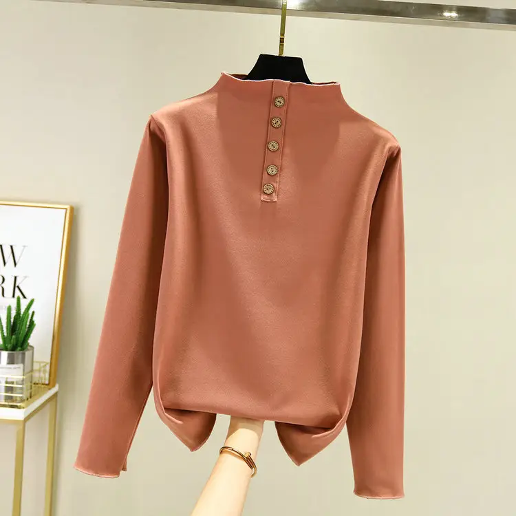 Women Velvet 5-Button Semi-High Collar Shirt - Image 7