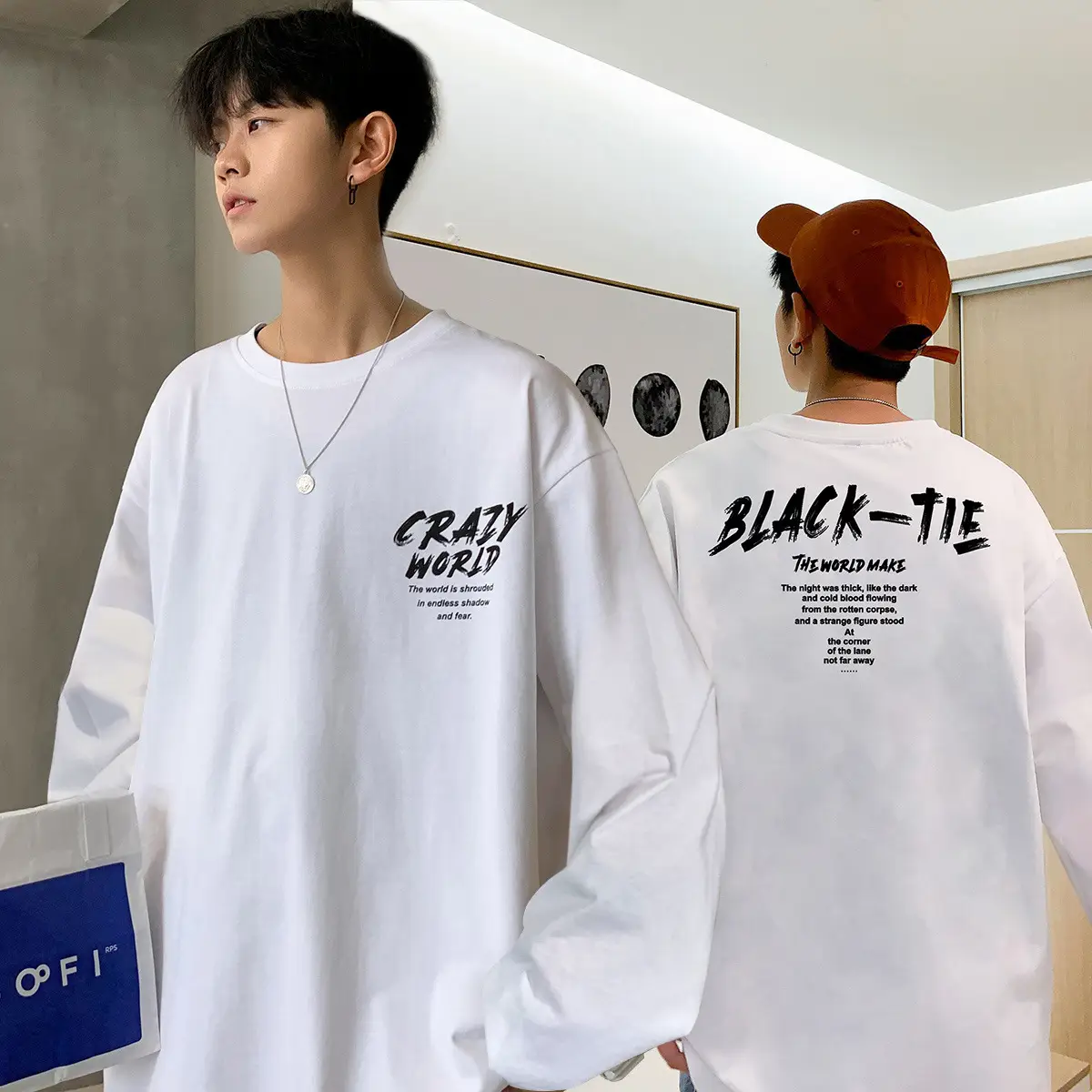 Men Black Long Sleeve T-Shirt Casual Hong Kong Style Loose Fit - Image 4