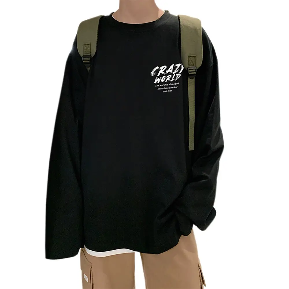 Men Black Long Sleeve T-Shirt Casual Hong Kong Style Loose Fit - Image 8