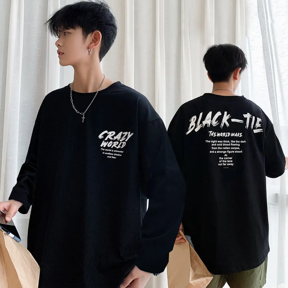 Men Black Long Sleeve T-Shirt Casual Hong Kong Style Loose Fit - Image 2