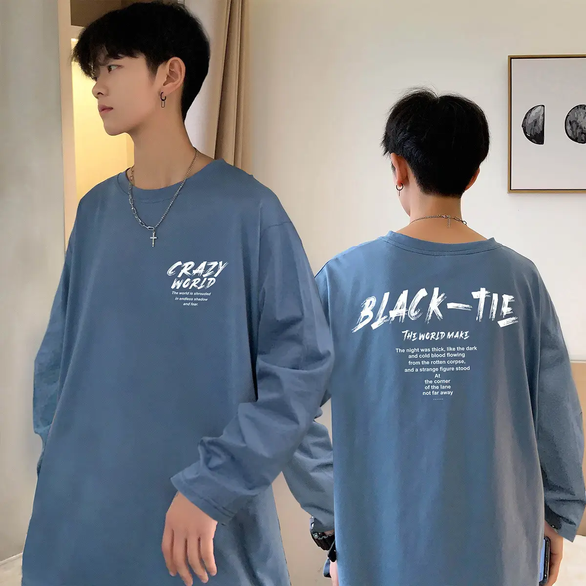 Men Black Long Sleeve T-Shirt Casual Hong Kong Style Loose Fit - Image 3
