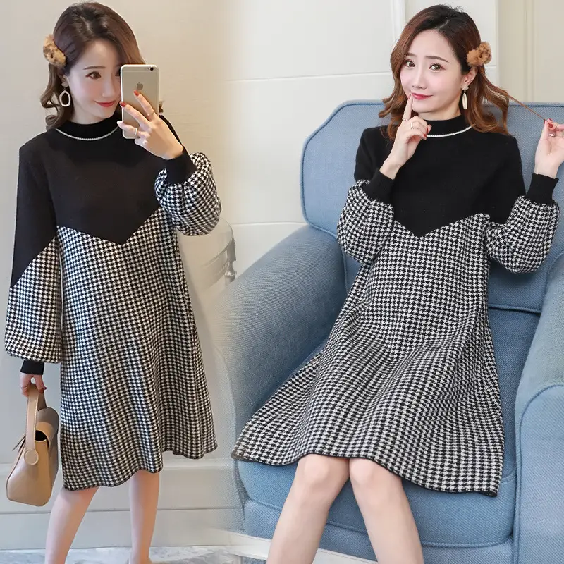 Pregnant Women's Black Houndstooth Mid-length Dress - Image 3
