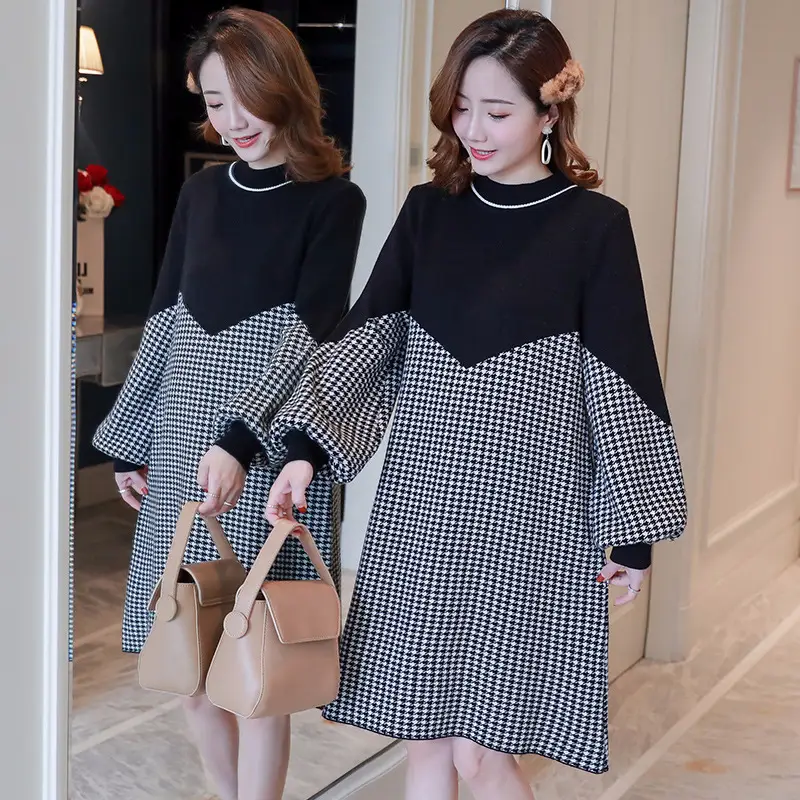 Pregnant Women's Black Houndstooth Mid-length Dress - Image 5