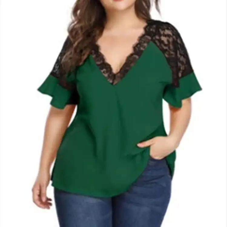 Plus Size V-Neck Lace Short Sleeve Blue Top - Image 8