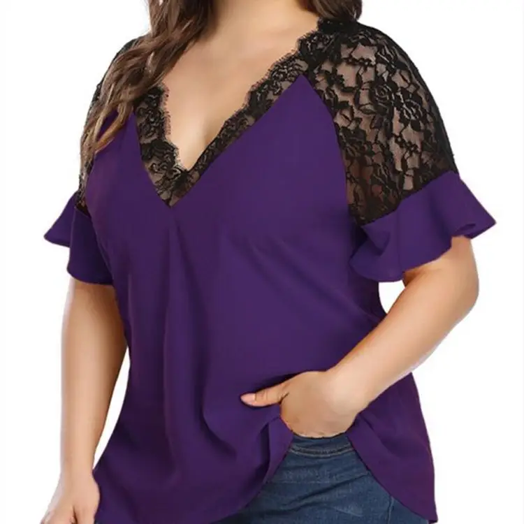 Plus Size V-Neck Lace Short Sleeve Blue Top - Image 3