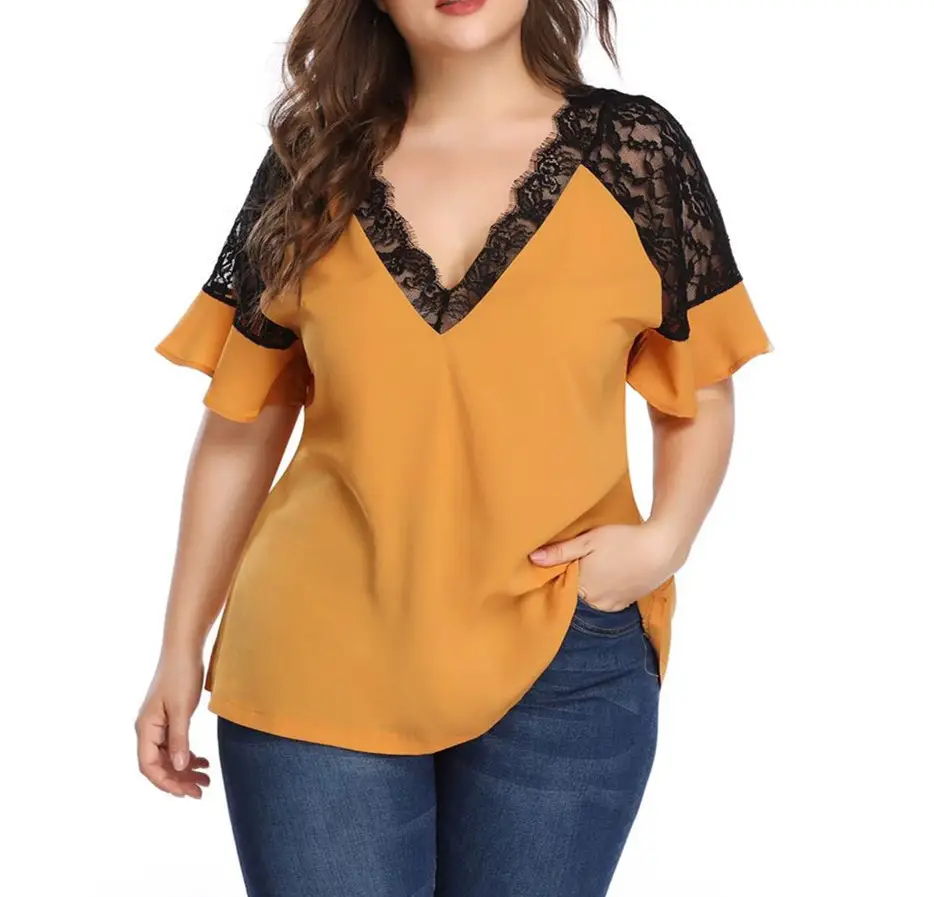 Plus Size V-Neck Lace Short Sleeve Blue Top - Image 5