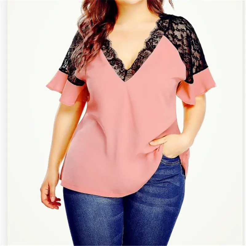 Plus Size V-Neck Lace Short Sleeve Blue Top - Image 6