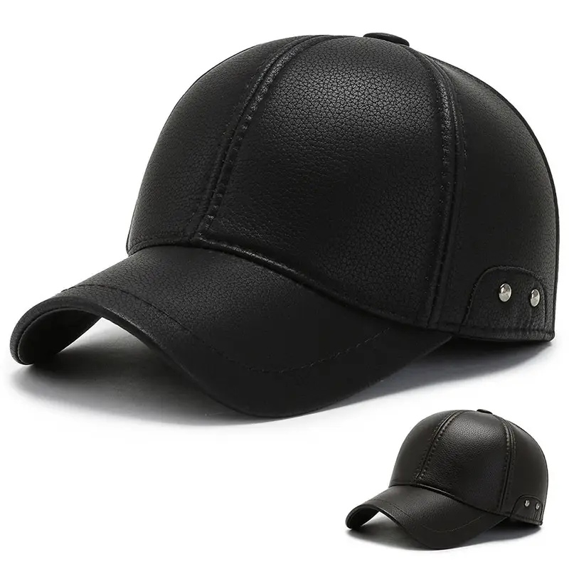 Men's Black Leather Baseball Cap Winter Warm Ear Protection