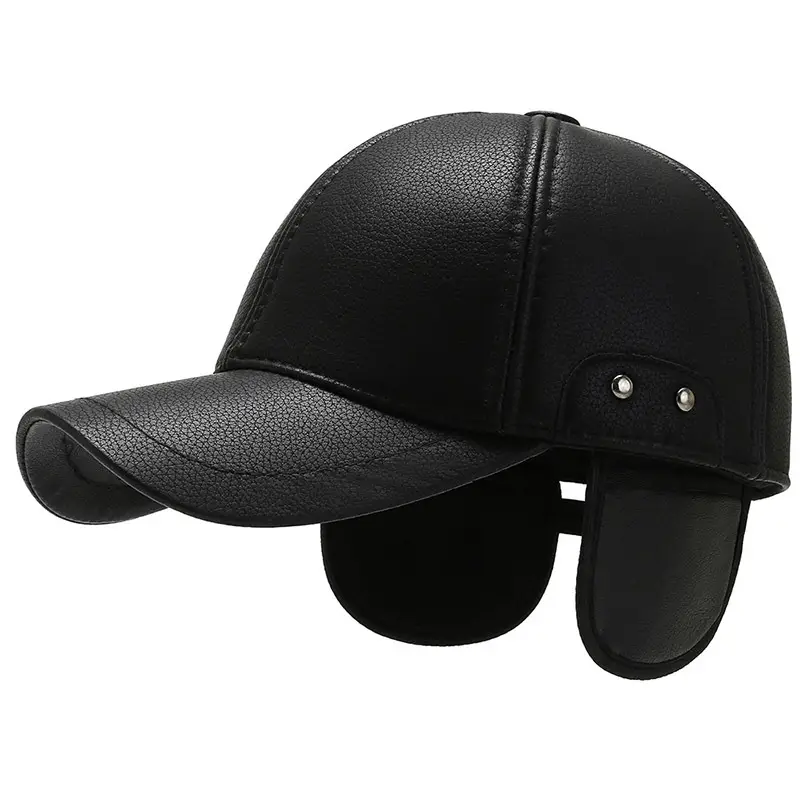 Men's Black Leather Baseball Cap Winter Warm Ear Protection - Image 4