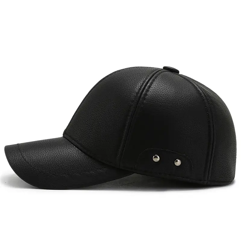 Men's Black Leather Baseball Cap Winter Warm Ear Protection - Image 5