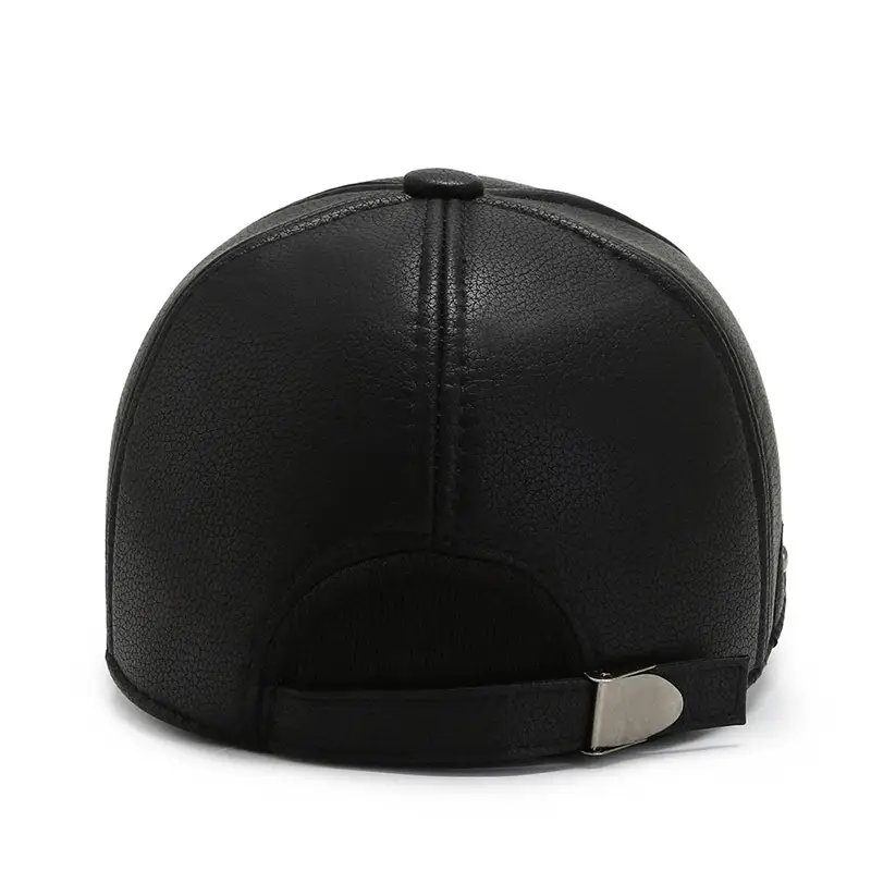 Men's Black Leather Baseball Cap Winter Warm Ear Protection - Image 6
