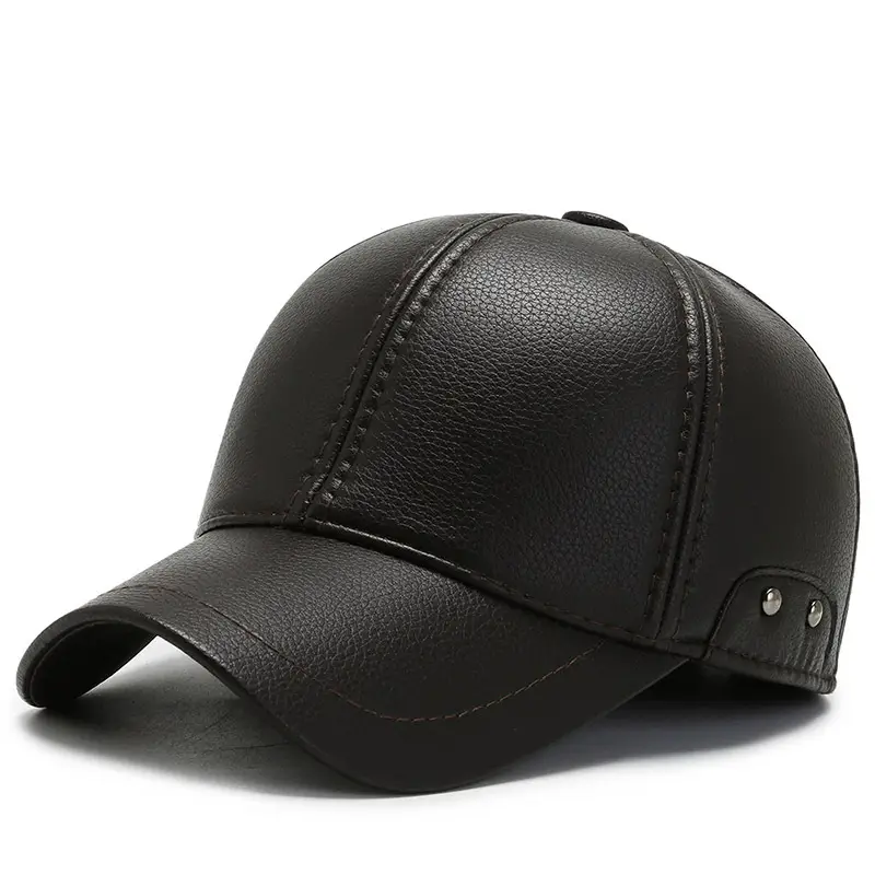 Men's Black Leather Baseball Cap Winter Warm Ear Protection - Image 2