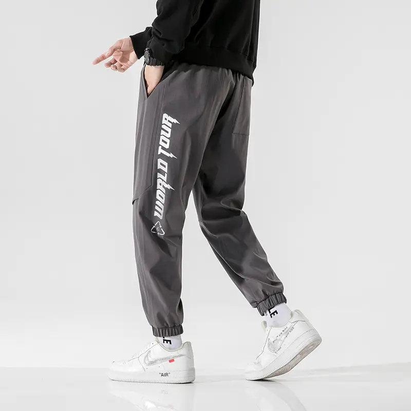 Men's Grey Printed Jogger Pants with Zipper Trousers