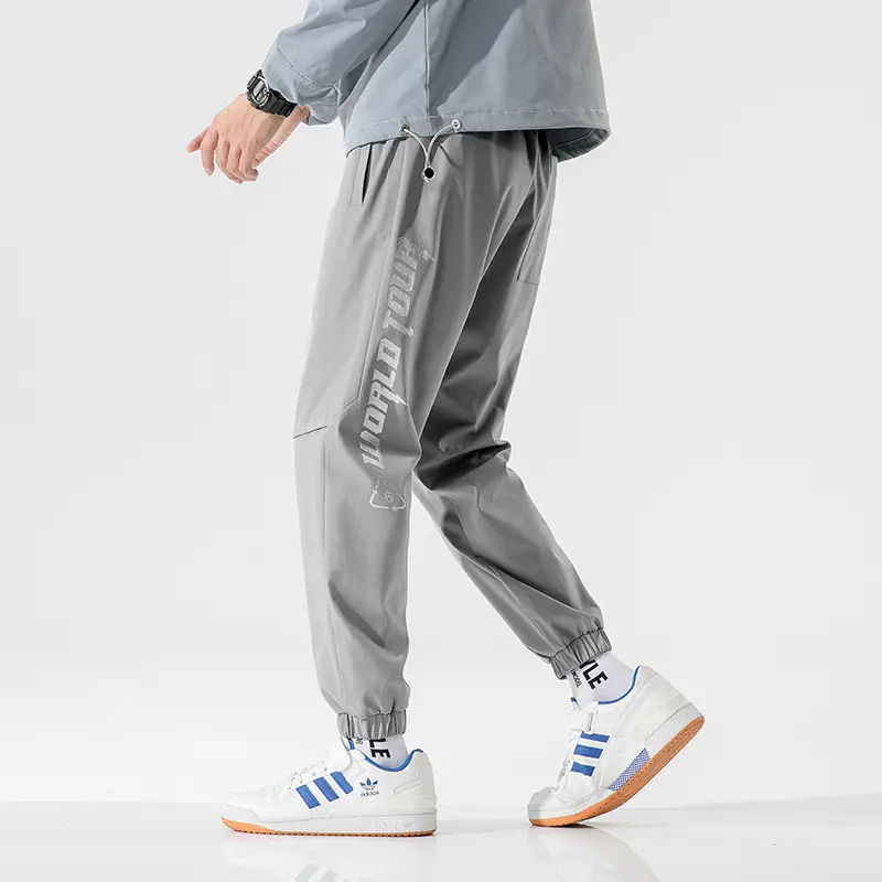 Men's Grey Printed Jogger Pants with Zipper Trousers
