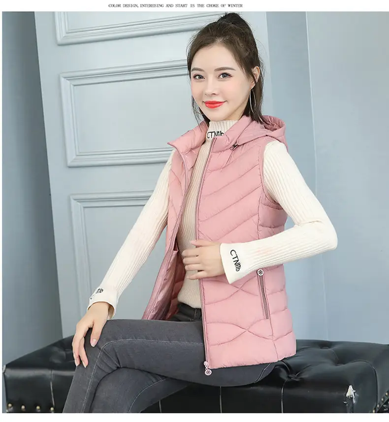 Women's Pink Down Cotton Vest Slim Fit All Match — feature 21