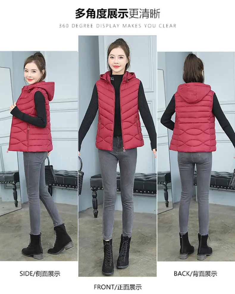Women's Pink Down Cotton Vest Slim Fit All Match — feature 3