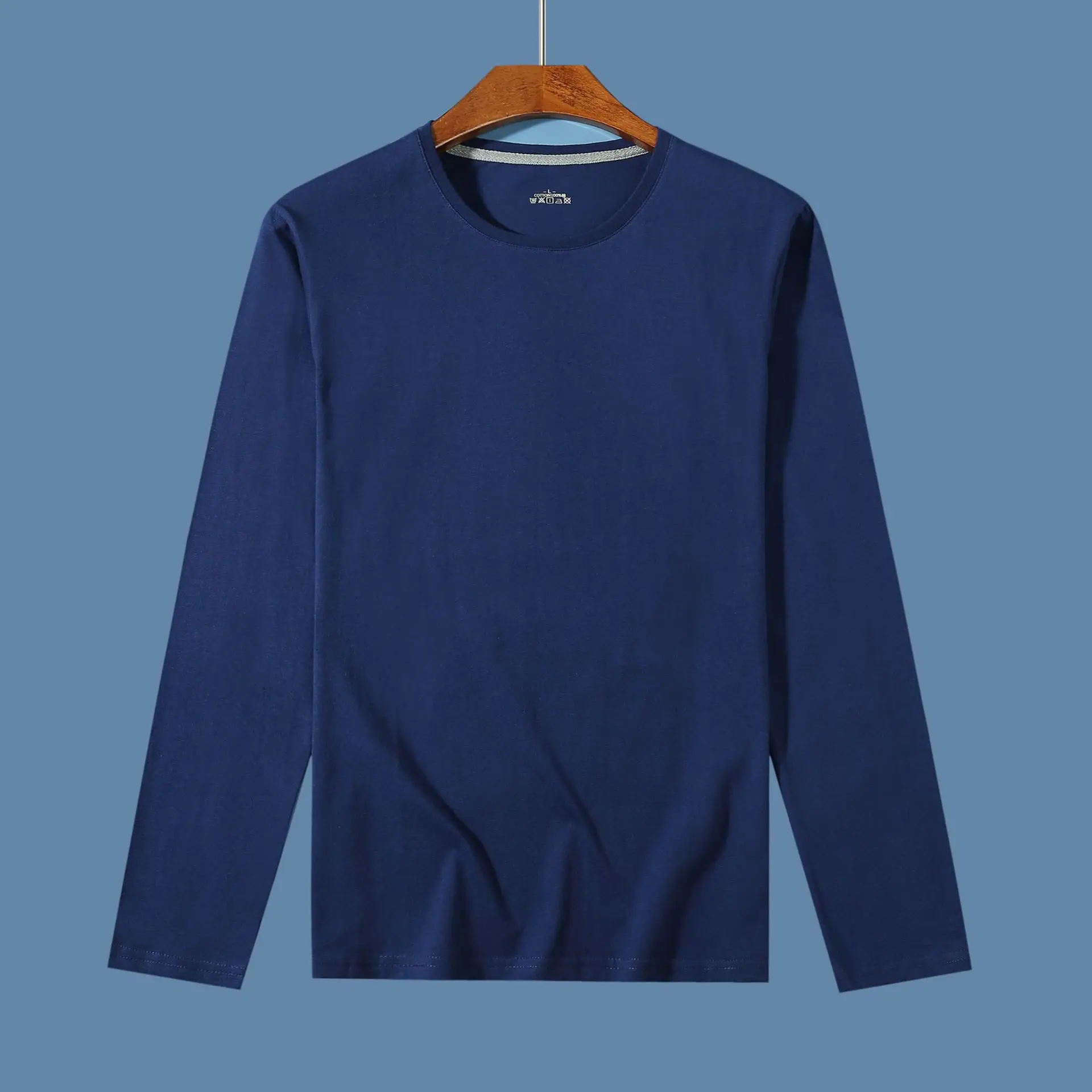 Men Navy Cotton Long Sleeve T-Shirt Round Neck - Image 4