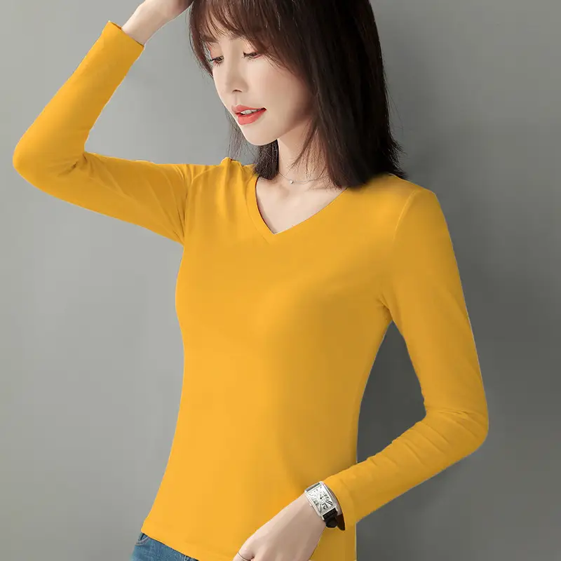 2020 Women Red V-Neck Pure Cotton T-Shirt - Image 9