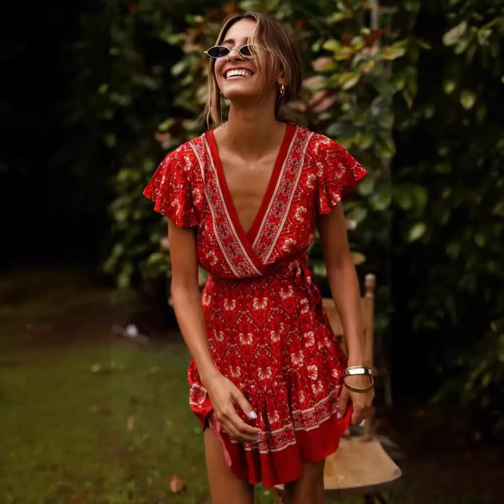 Women's Red Floral V-Neck Dress with Tassel Skirt - Image 13