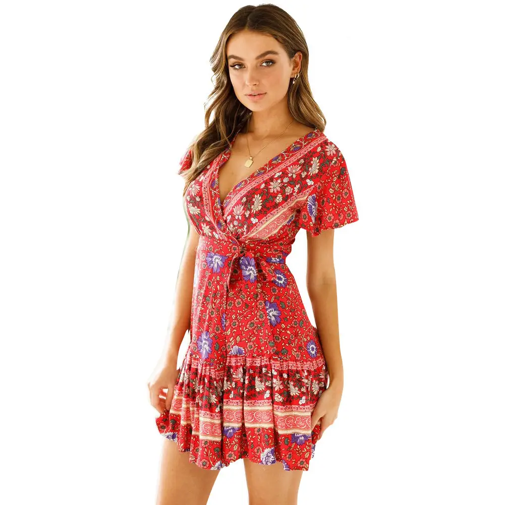 Women's Red Floral V-Neck Dress with Tassel Skirt - Image 2