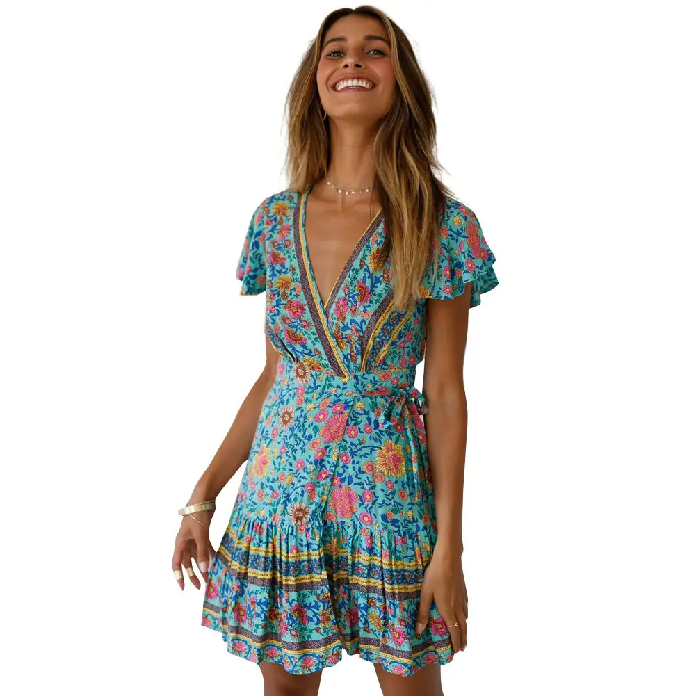 Women's Red Floral V-Neck Dress with Tassel Skirt - Image 4