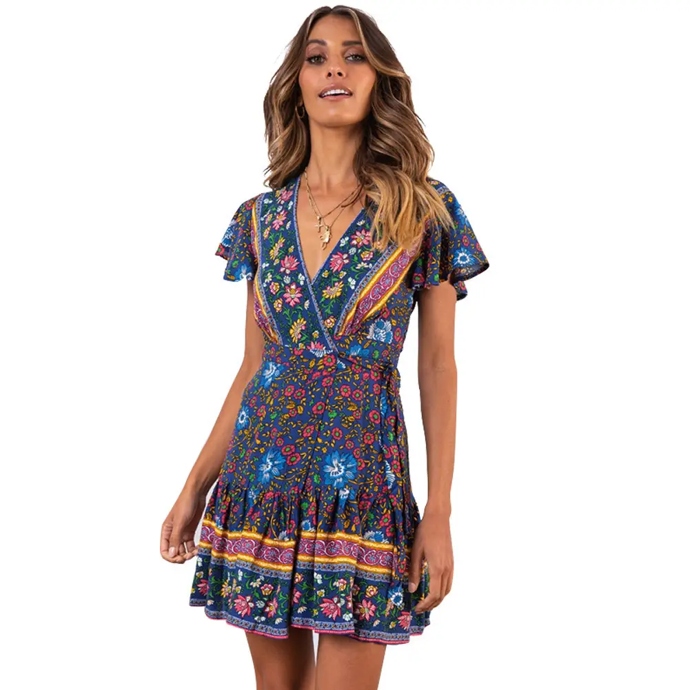 Women's Red Floral V-Neck Dress with Tassel Skirt - Image 7