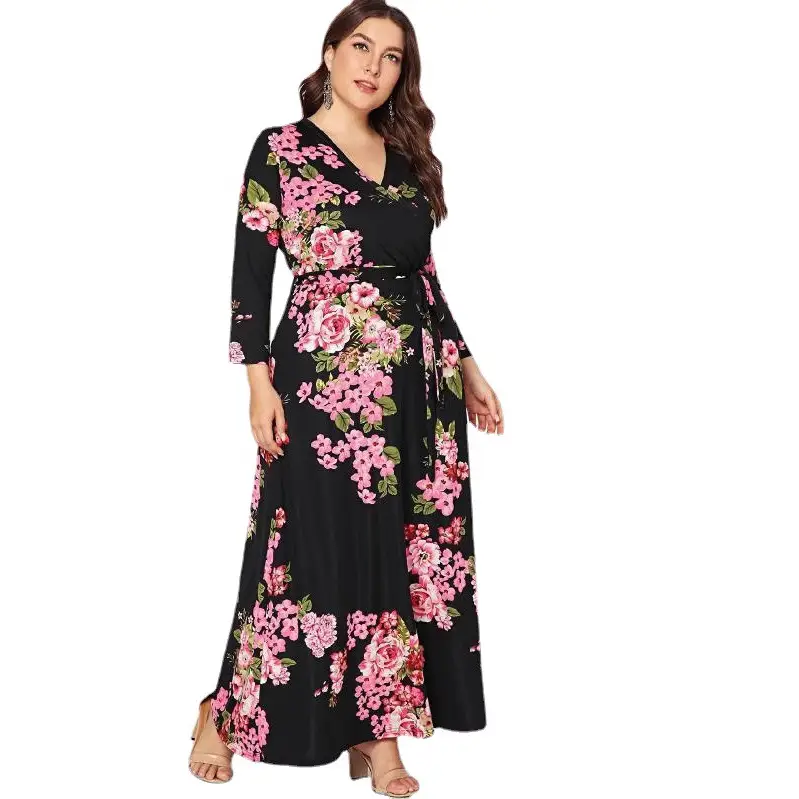 2026 Plus Size Floral Tie Waist V-Neck Dress - Image 8