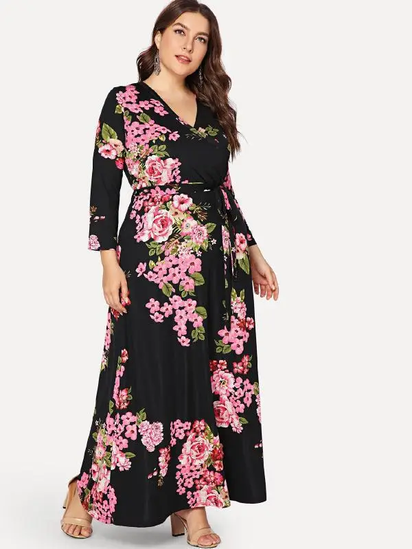 2026 Plus Size Floral Tie Waist V-Neck Dress - Image 2