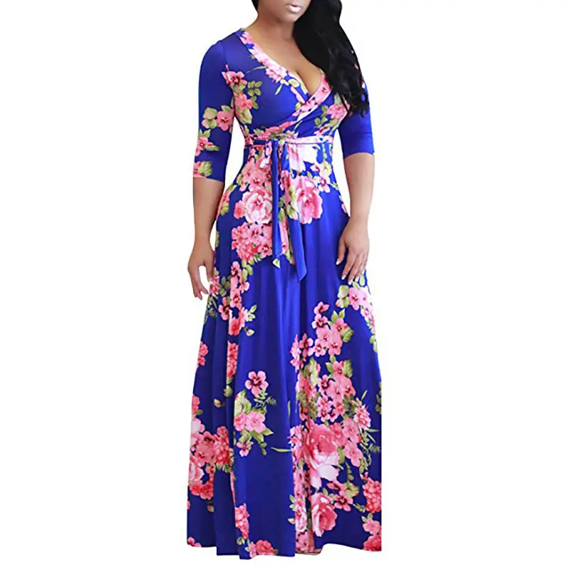 2026 Plus Size Floral Tie Waist V-Neck Dress - Image 3