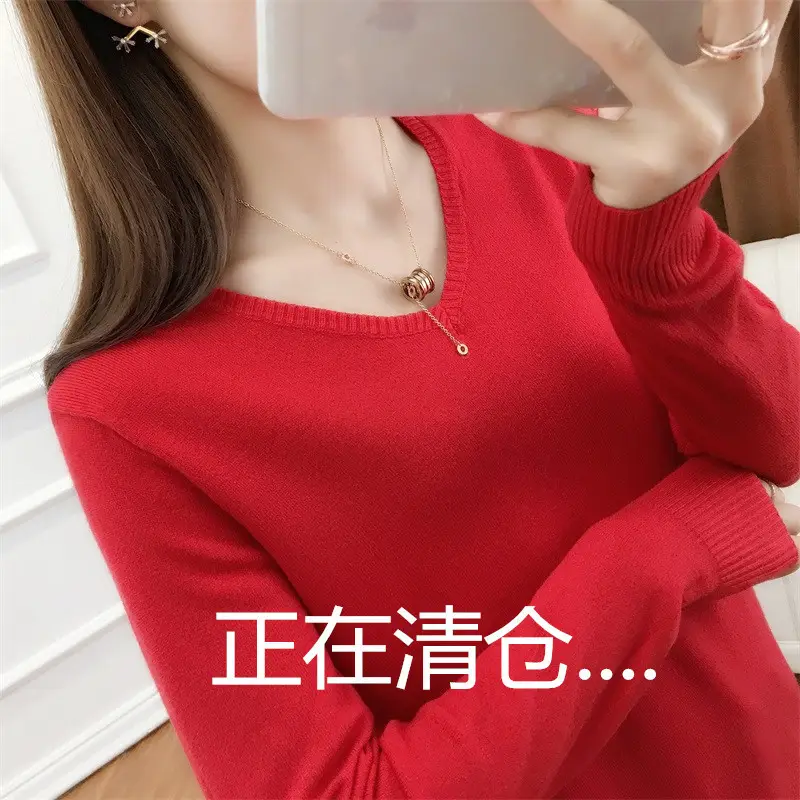 Women Woolen Round Neck Sweater Red Large - Image 27
