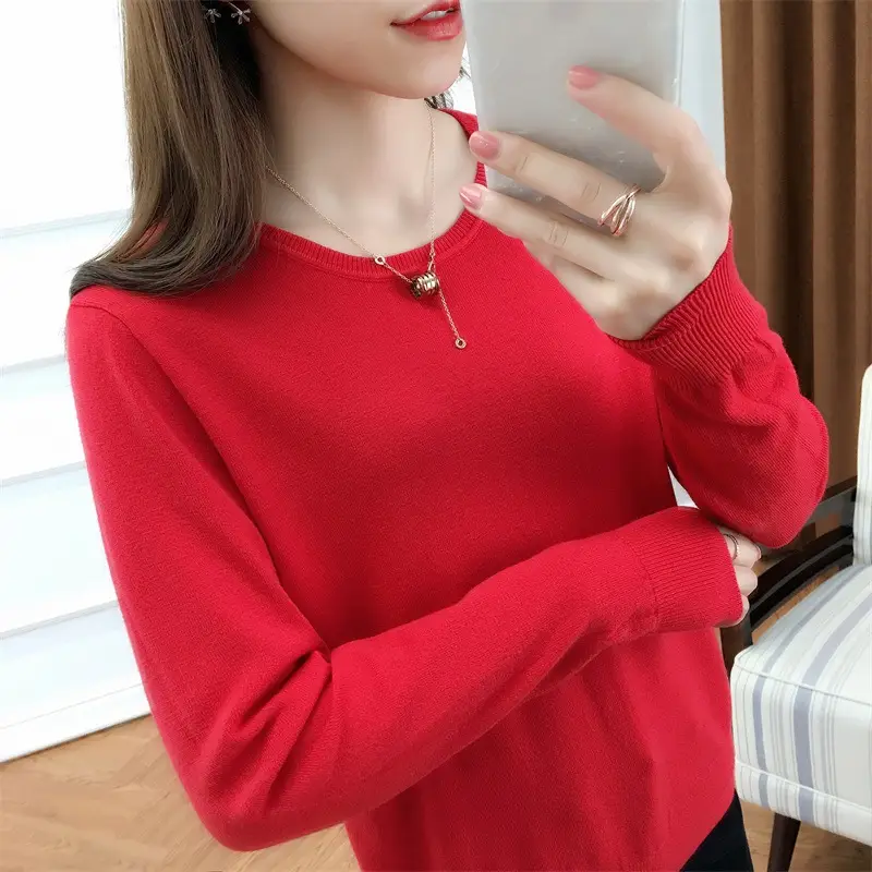 Women Woolen Round Neck Sweater Red Large - Image 12