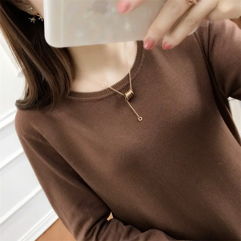Women Woolen Round Neck Sweater Red Large - Image 21