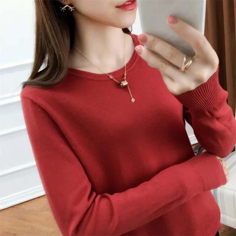 Women Woolen Round Neck Sweater Red Large - Image 24