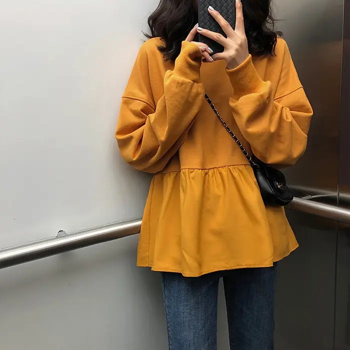 2026 Women Loose Fit Long Sleeve T-Shirt Solid Yellow - Image 5