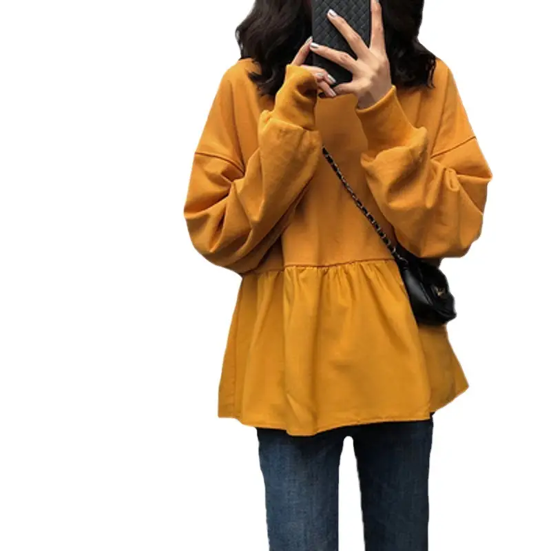2026 Women Loose Fit Long Sleeve T-Shirt Solid Yellow - Image 9