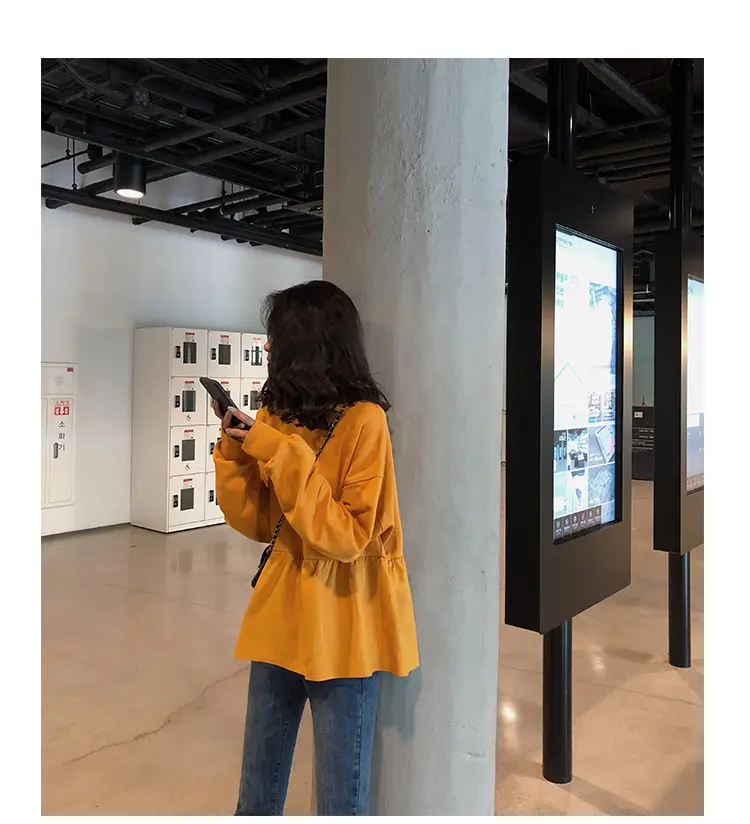 2026 Women Loose Fit Long Sleeve T-Shirt Solid Yellow — feature 12