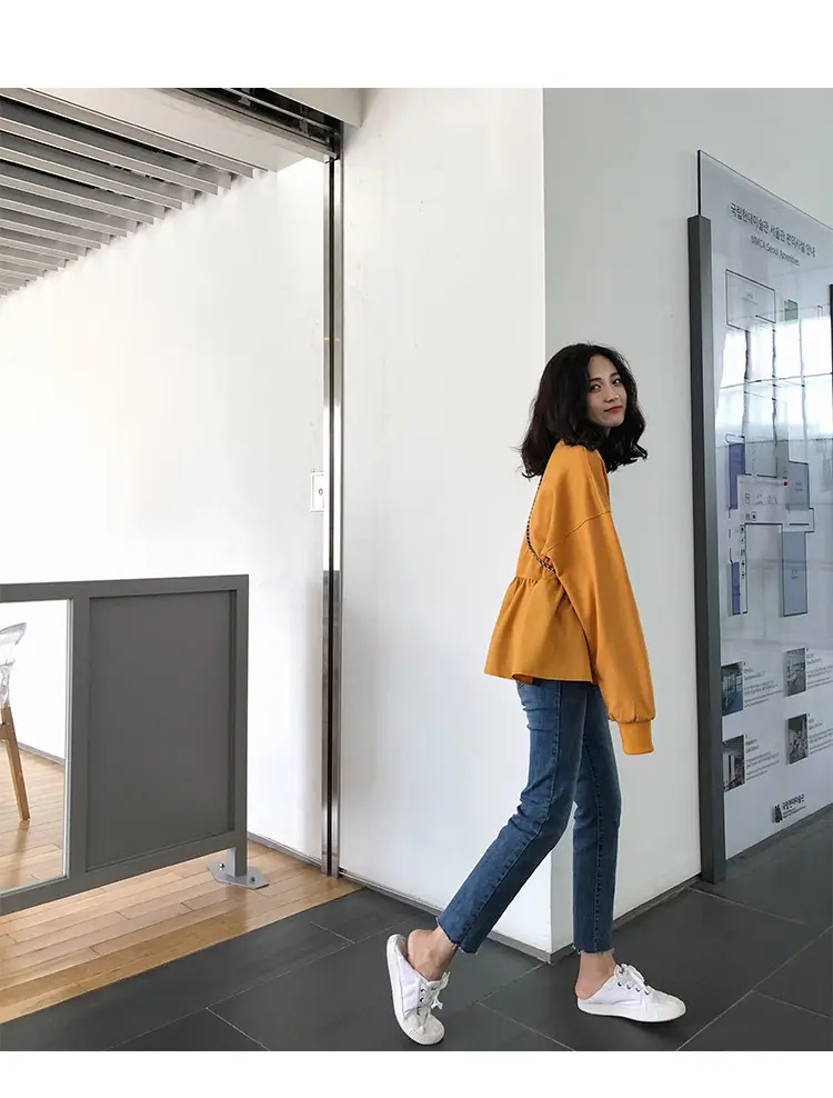 2026 Women Loose Fit Long Sleeve T-Shirt Solid Yellow — feature 16