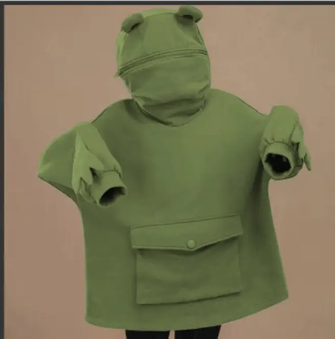 Women Fleece Hooded Coat Green Frog Ear Design