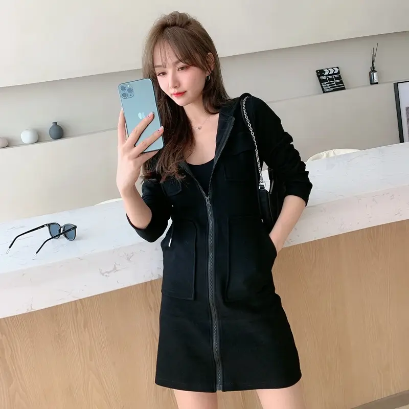 White Korean Style Hooded Zipper Dress for Women