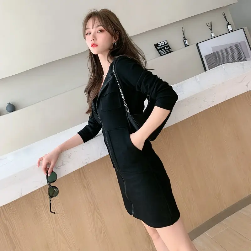 White Korean Style Hooded Zipper Dress for Women — feature 4
