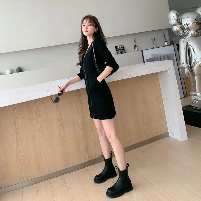 White Korean Style Hooded Zipper Dress for Women — feature 6